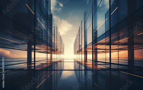 Perspective view of skyscrapers and glass steel windows with reflection of sun and clouds. Future architecture background. Development, technology, financial business concept.