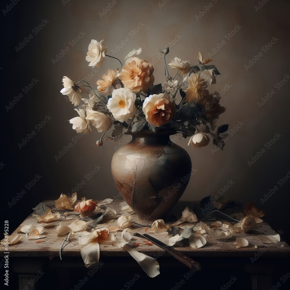 Vintage still life with a bouquet of flowers in a vase. Generated by AI ...