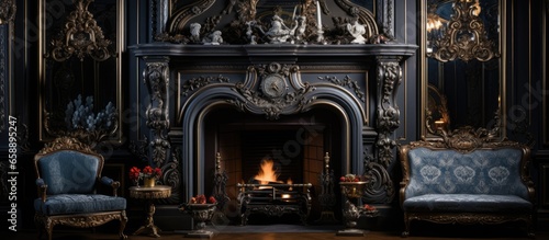 Opulent antique interior with aristocratic fireplace With copyspace for text