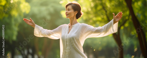 Tranquil Movements: Senior Woman Embraces Tai Chi Taoist Practice in an Outdoor Park. photo