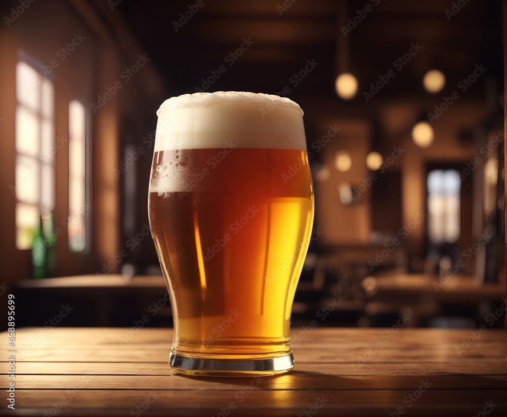 Cold glass of beer on wooden table in a bar Cold glass of beer on wooden table in a bar