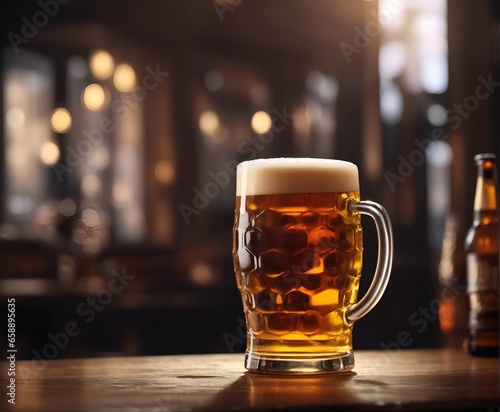 Cold glass of beer on wooden table in a bar
