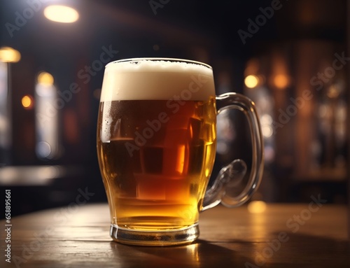 Cold glass of beer on wooden table in a bar