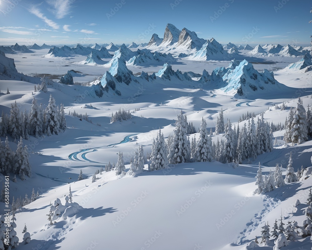 Fantasy winter mountain landscape with glaciers, snow mountains, and ice everywhere