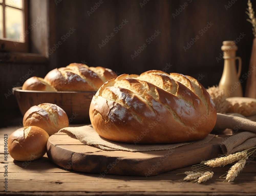 Homemade loaves of bread with wheat on wooden cutting board in the kitchen