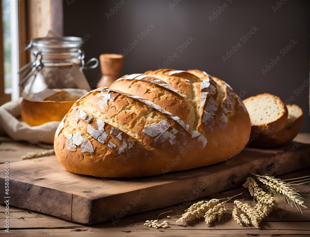 Homemade loaves of bread with wheat on wooden cutting board in the kitchen