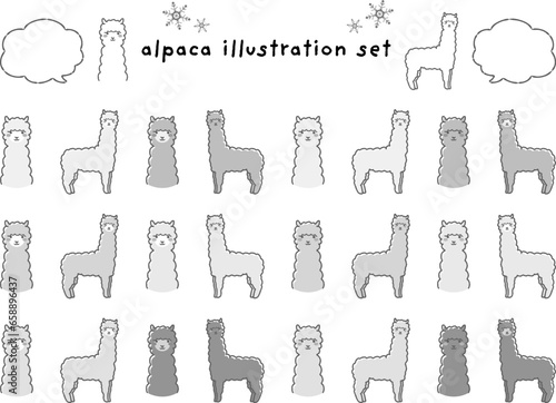 ふわふわのアルパカのイラストセット（吹き出し付き）白黒