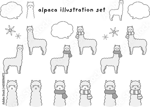ふわふわのアルパカのイラストセット（吹き出し付き）白黒
