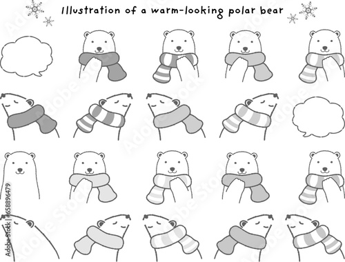 マフラーを巻いたシロクマのイラストセット（吹き出し付き）白黒