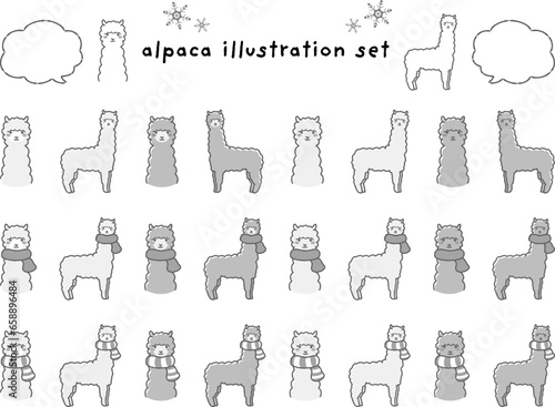 マフラーを巻いたアルパカのイラストセット（吹き出し付き）白黒
