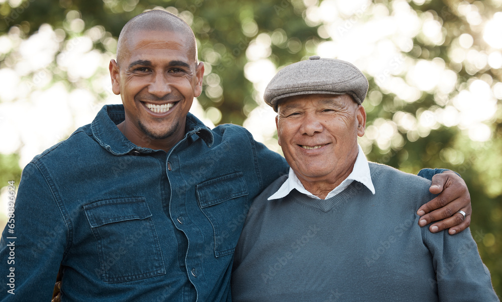 Hug, family and portrait of senior father in park for bonding, relationship and relax together. Love, happy and face of elderly dad embrace son outdoors for fun on weekend, holiday and vacation Hug, family and portrait of senior father in park for bonding, relationship and relax together. Love, happy and face of elderly dad embrace son outdoors for fun on weekend, holiday and vacation