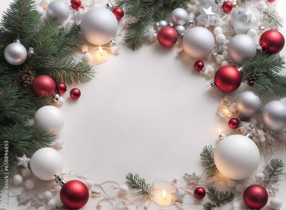 Christmas and Happy New Year banner with festive decorations on white background flatlay Christmas and Happy New Year banner with festive decorations on white background flatlay