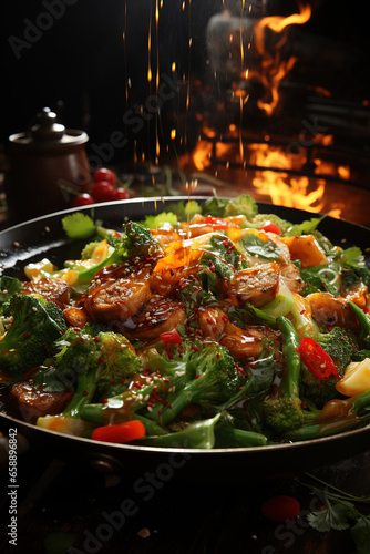 Wok on fire with dramatic flames and food, Bowl of Vegetables, Wok Pan with Flying Ingredients