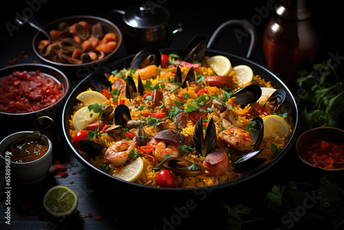 Traditional Spanish seafood paella, a rice dish with clams, shrimp, and mussels, cooked in a paella pan
