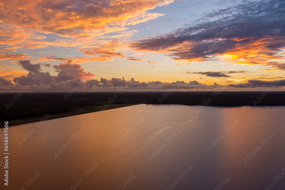 Aerial view of a lake at sunset
