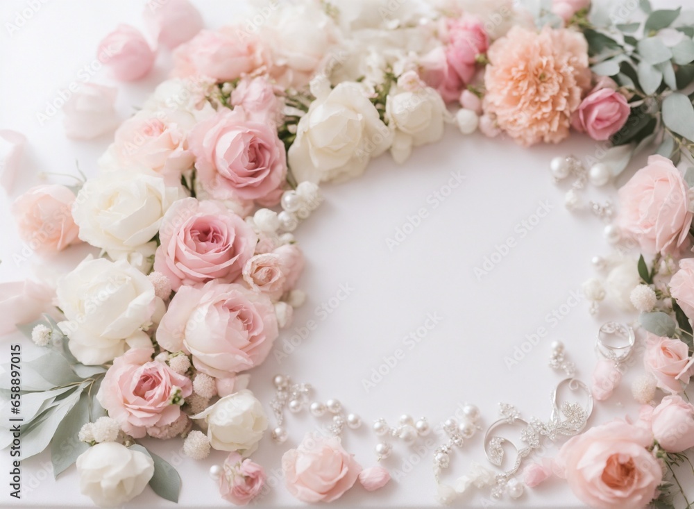 Top view of pink and white roses flowers with leaves frame on white background. Valentine’s or Wedding background, flat lay Top view of pink and white roses flowers with leaves frame on white background. Valentine’s or Wedding background, flat lay