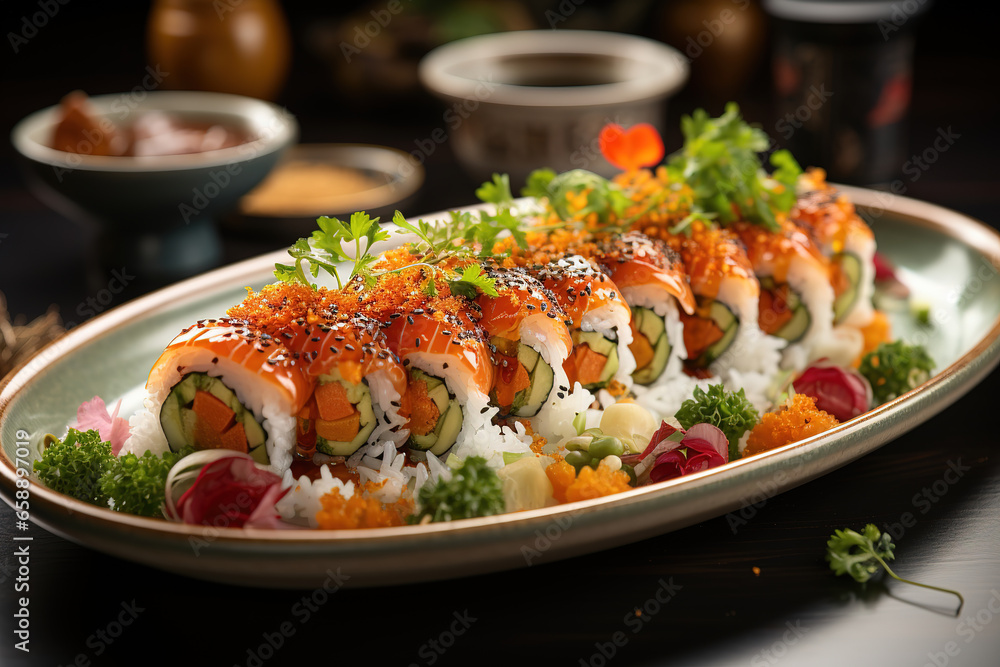 A plate of vegetable sushi rolls, made with rice, vegetables, seaweed, and salmon, is a delicious and traditional Japanese dish made with fresh ingredients. A plate of vegetable sushi rolls, made with rice, vegetables, seaweed, and salmon, is a delicious and traditional Japanese dish made with fresh ingredients.