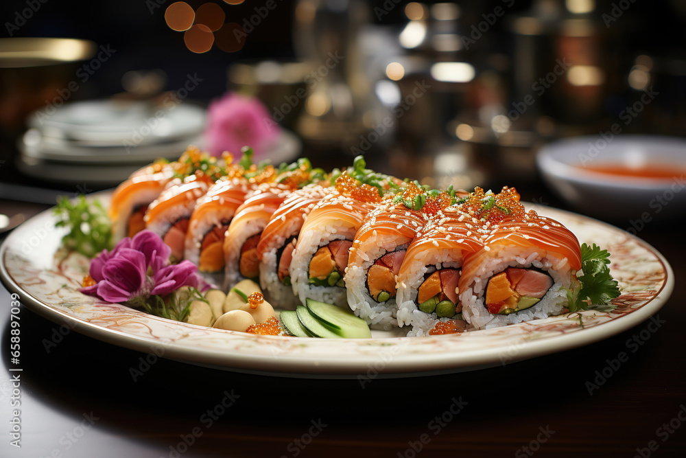A plate of vegetable sushi rolls, made with rice, vegetables, seaweed, and salmon, is a delicious and traditional Japanese dish made with fresh ingredients. A plate of vegetable sushi rolls, made with rice, vegetables, seaweed, and salmon, is a delicious and traditional Japanese dish made with fresh ingredients.