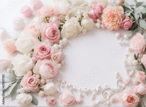 Top view of pink and white roses flowers with leaves frame on white background. Valentine   s or Wedding background  flat lay