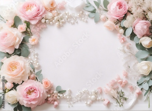 Top view of pink and white roses flowers with leaves frame on white background. Valentine’s or Wedding background, flat lay © Leohoho