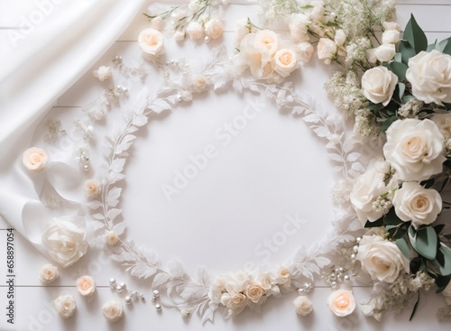 Top view of pink and white roses flowers with leaves frame on white background. Valentine’s or Wedding background, flat lay