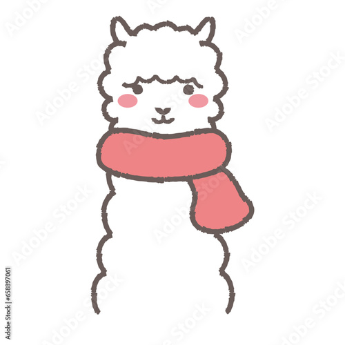 マフラーを巻いたふわふわのアルパカのイラスト（正面向きの顔）