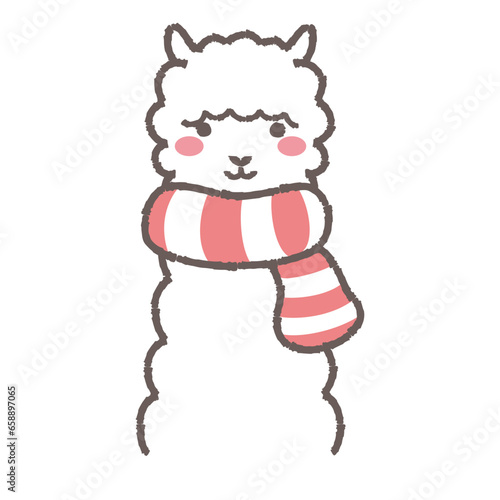マフラーを巻いたふわふわのアルパカのイラスト（正面向きの顔）