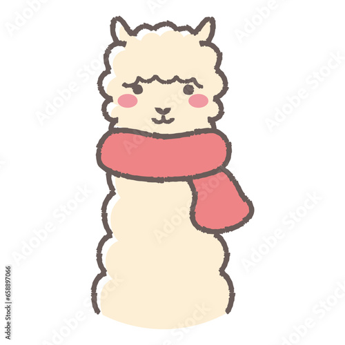 マフラーを巻いたふわふわのアルパカのイラスト（正面向きの顔）