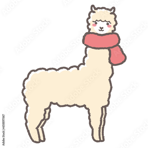 マフラーを巻いたふわふわのアルパカのイラスト（全身）