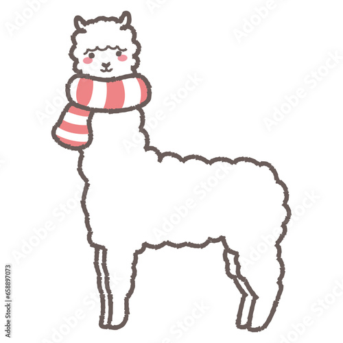 マフラーを巻いたふわふわのアルパカのイラスト（全身）