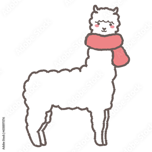 マフラーを巻いたふわふわのアルパカのイラスト（全身）