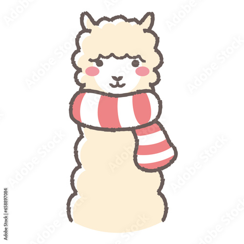 マフラーを巻いたふわふわのアルパカのイラスト（正面向きの顔）