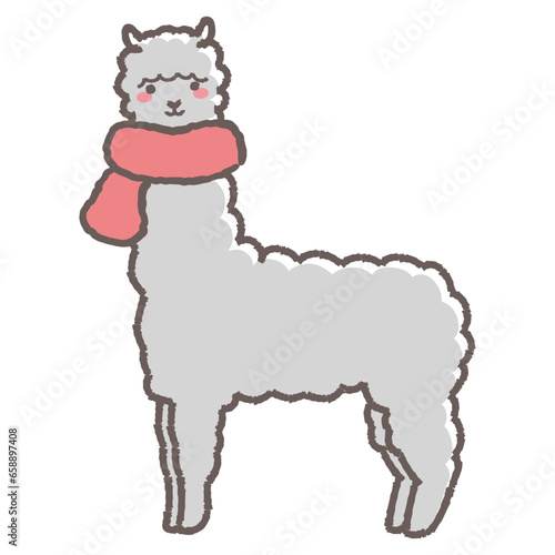 マフラーを巻いたふわふわのアルパカのイラスト（全身）