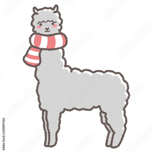 マフラーを巻いたふわふわのアルパカのイラスト（全身）