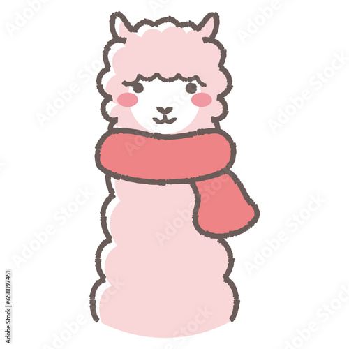 マフラーを巻いたふわふわのアルパカのイラスト（正面向きの顔）