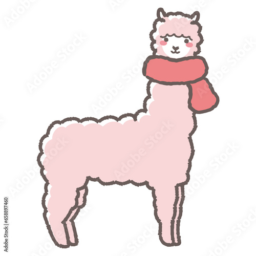 マフラーを巻いたふわふわのアルパカのイラスト（全身）