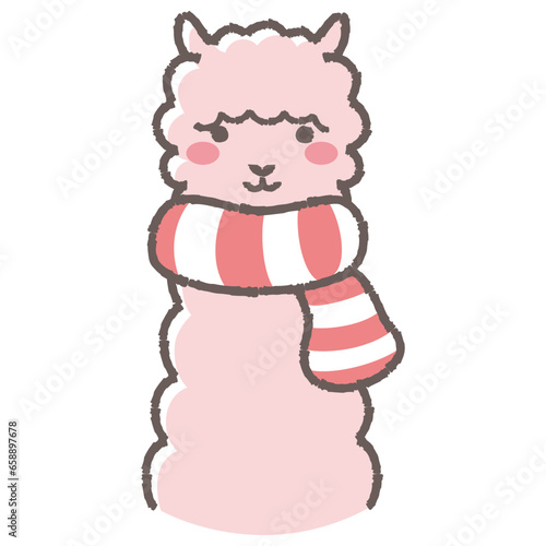 マフラーを巻いたふわふわのアルパカのイラスト（正面向きの顔）