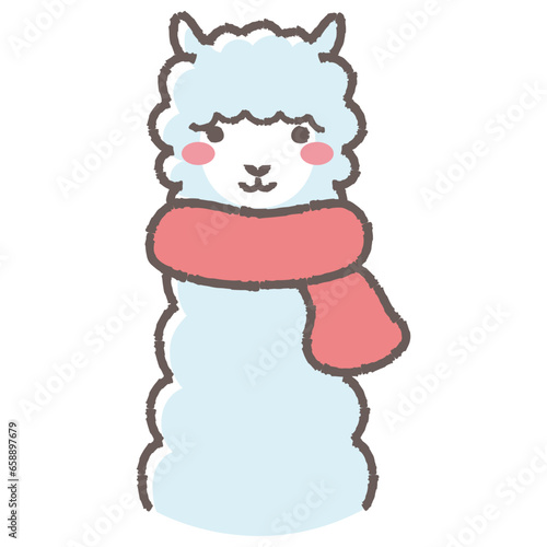 マフラーを巻いたふわふわのアルパカのイラスト（正面向きの顔）
