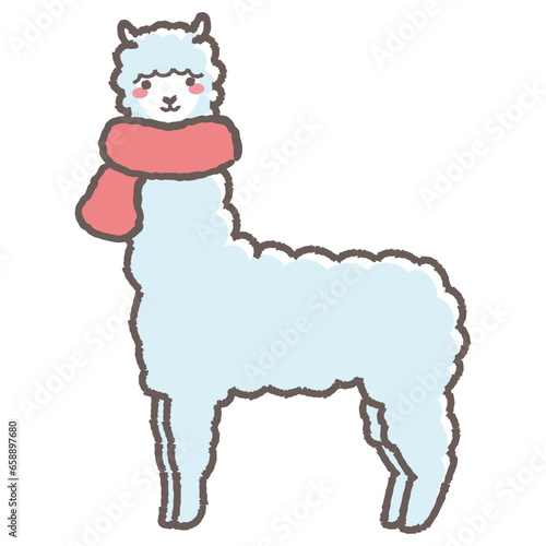 マフラーを巻いたふわふわのアルパカのイラスト（全身）