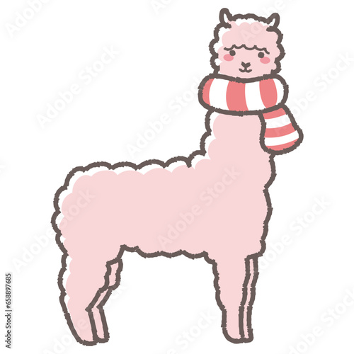 マフラーを巻いたふわふわのアルパカのイラスト（全身）