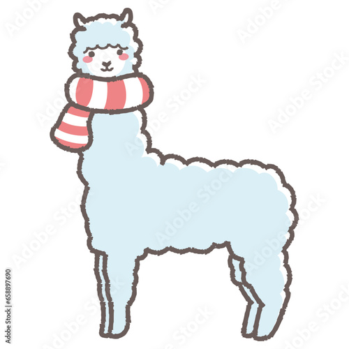 マフラーを巻いたふわふわのアルパカのイラスト（全身）