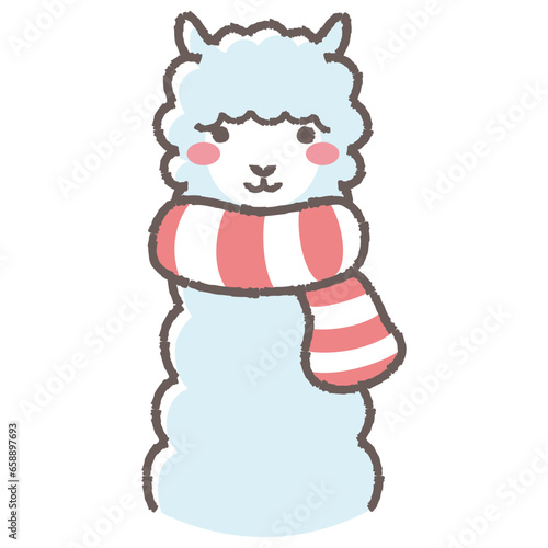 マフラーを巻いたふわふわのアルパカのイラスト（正面向きの顔）