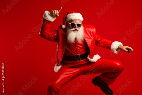 Aged playful emotion Santa in sunglasses with comic grimace fooling around on red background