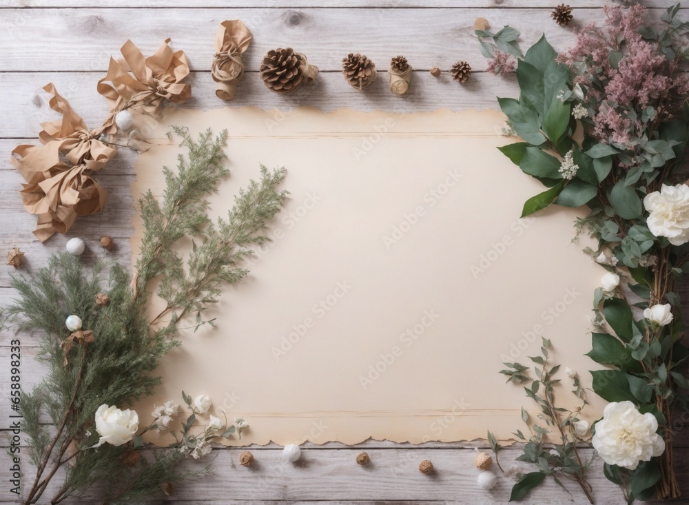 Blank parchment paper with winter elements like flowers, leaves and pinecones on wooden table