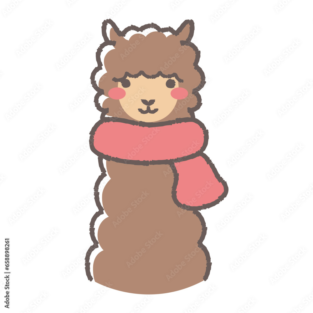 マフラーを巻いたふわふわのアルパカのイラスト（正面向きの顔）