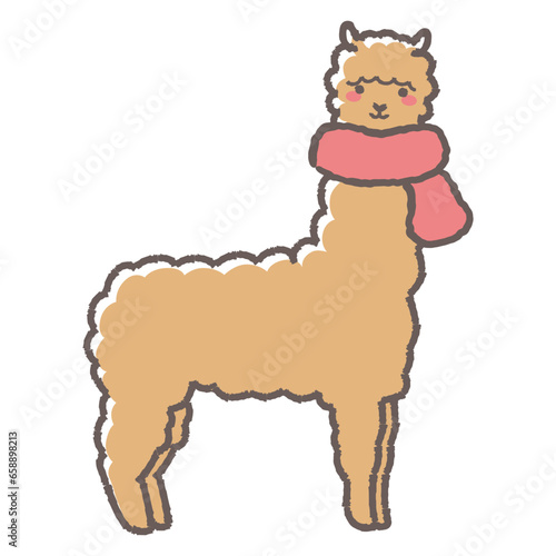 マフラーを巻いたふわふわのアルパカのイラスト（全身）