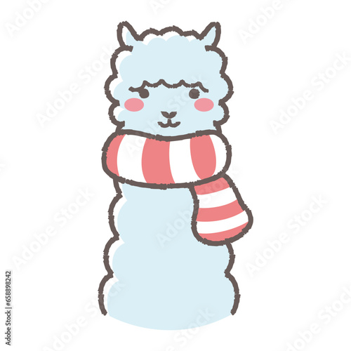 マフラーを巻いたふわふわのアルパカのイラスト（正面向きの顔）