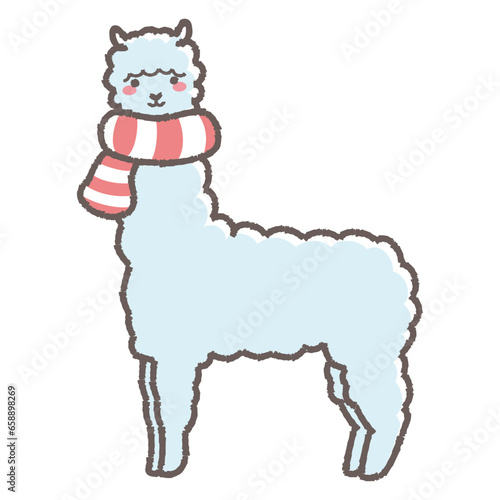 マフラーを巻いたふわふわのアルパカのイラスト（全身）