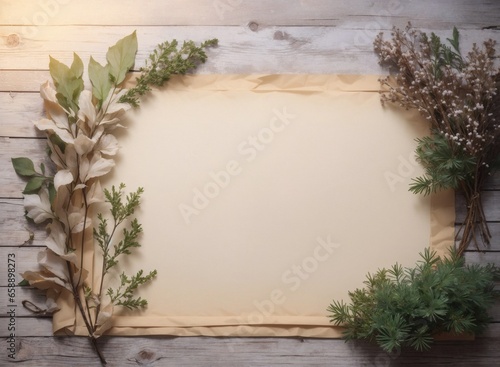 Blank parchment paper with winter elements like flowers, leaves and pinecones on wooden table