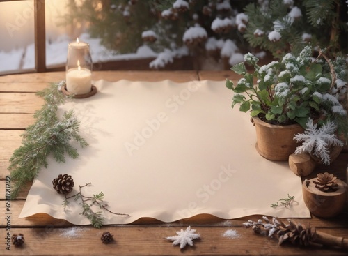 Blank parchment paper with winter elements like flowers, leaves and pinecones on wooden table